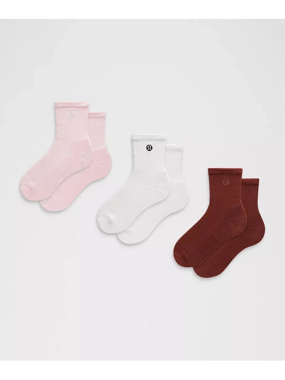 NWT Sz M Lululemon Daily Essential Quarter Socks 3 Pack Rockwood/White/Pink $38